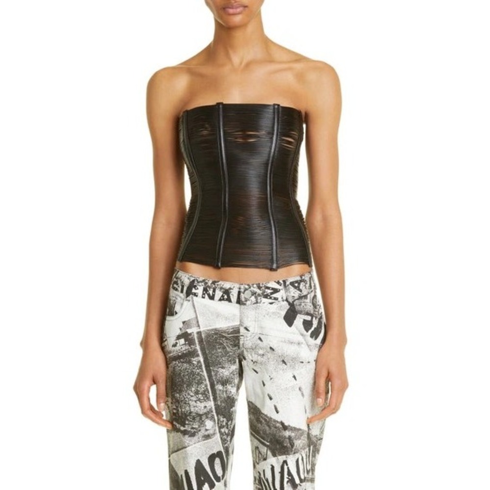 Miaou Black Leather Shredded Corset Top Caged Boned Bustier XL 7088VLBLK New